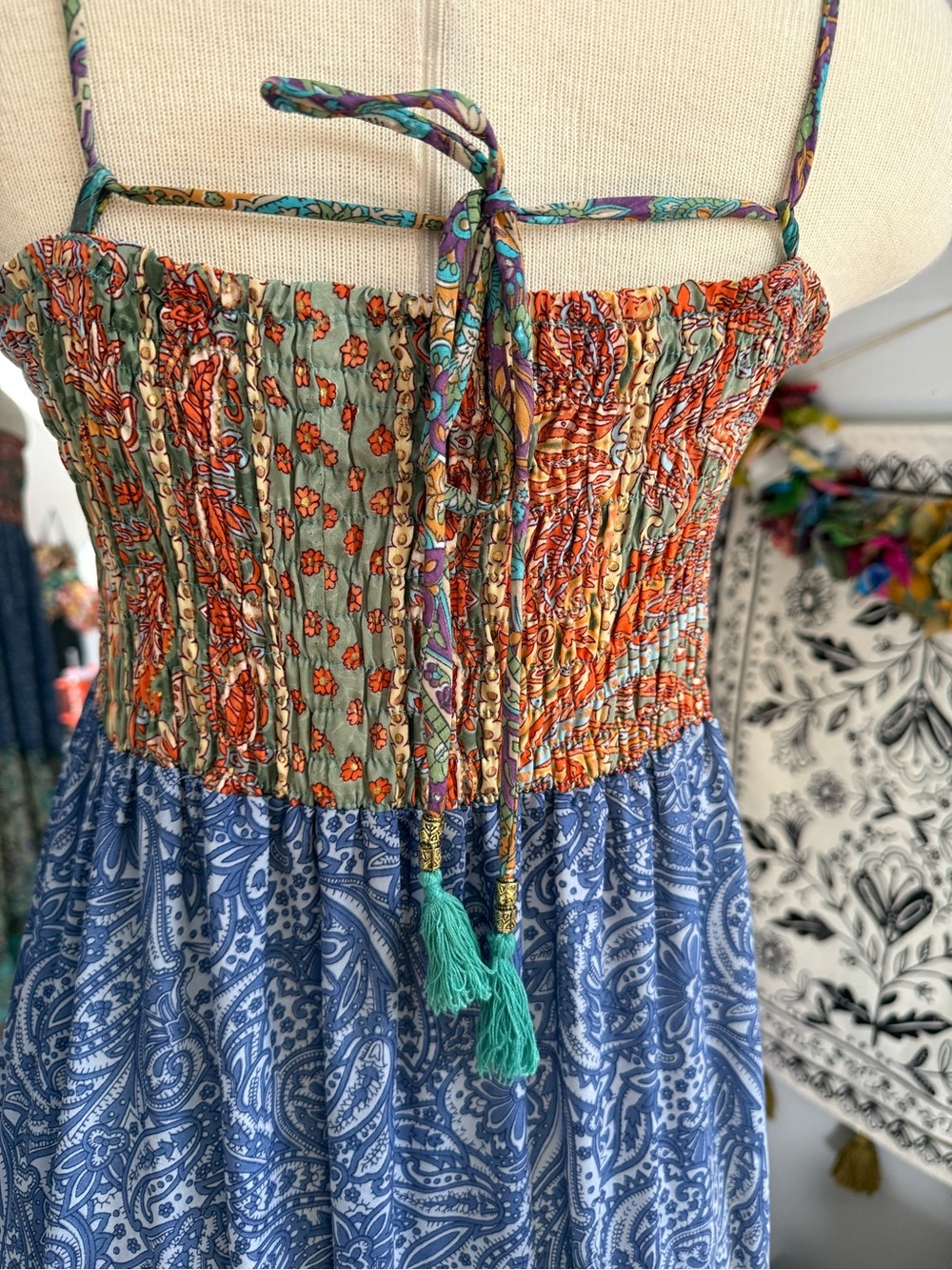 NWOT Smocked Boho Maxi Dress in Blue and Teal Patchwork - Picture 4 of 8